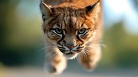 Intense close-up portrait of wild cat with piercing blue eyes and focused predatory expression against blurred natural background, dramatic lighting highlights facial features.