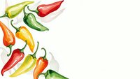 Watercolor hot chili peppers in vibrant colors creating decorative border on white background for culinary designs and spicy food concepts.