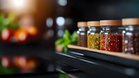 Colorful spices and seasonings in glass jars on wooden shelf against dark kitchen background with fresh herbs and bokeh lights creating cozy atmosphere.
