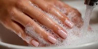 Woman washing hands with soap and water in white sink, proper hygiene routine for health and cleanliness prevention.