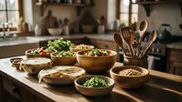 Wooden bowls filled with fresh vegetables and grains arranged on kitchen counter with utensils, suitable for food styling, cooking blogs, and culinary content.