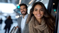 Young Hispanic woman with bright smile wearing knit scarf and gray coat, with bearded man in background, standing in modern urban setting with bokeh lights.