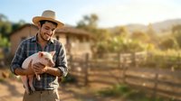 Caucasian male farmer in straw hat and plaid shirt holding young piglet on rural farm with wooden fence and barn in background during golden hour.