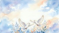 Two white doves flying among watercolor florals and clouds, symbolizing peace, love, and harmony. Suitable for wedding invitations, greeting cards, and spiritual designs.