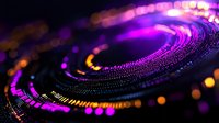 Futuristic circular pattern with glowing purple and orange lights creating dynamic spiral effect against dark background, digital technology concept.