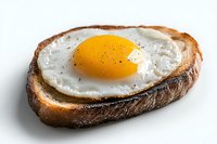 Sunny side up fried egg on crusty toasted bread slice with black pepper seasoning against white background, macro food photography for breakfast menu.