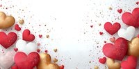 Romantic hearts background with red, pink and gold decorative elements scattered on white surface for Valentine's Day celebrations and love themes.