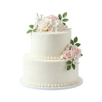 Two-tier cream wedding cake with white and pink roses, greenery, and pearl piping details, isolated on white background for bakery, event planning, and celebration design use.