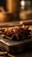 Star anise spices on rustic wooden cutting board in warm kitchen setting for culinary cooking and baking recipes.