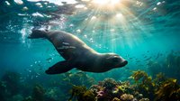 Majestic sea lion swimming gracefully through crystal clear turquoise waters with dramatic sunbeams piercing the ocean surface above vibrant coral reef.
