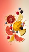 Fresh tropical fruits explosion with juice splash featuring mango, pineapple, grapefruit, berries and citrus slices on gradient background for smoothie recipes.