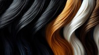 Flowing wavy hair strands in various colors from black to blonde and brown showcasing natural texture and shine for beauty salon and haircare concepts.