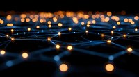 Glowing network connections with orange light dots on dark background, abstract technology mesh structure with bokeh effect illumination points.