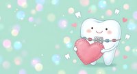 Cute cartoon tooth character with braces holding pink heart on mint green background with colorful bokeh lights for dental care and orthodontic treatment.