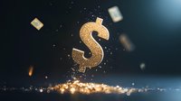 Golden dollar symbol shattering into glowing particles and dust against dark background with floating fragments and sparkles. Suitable for financial concepts.