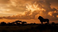 Majestic lion silhouette standing on African savanna hill against dramatic golden sunset sky with storm clouds and acacia trees on horizon.