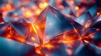 Glowing orange and blue crystal formations with bokeh light effects create dramatic abstract background with geometric shapes and reflective surfaces.