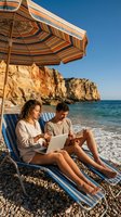 Young couple working on laptop under beach umbrella on scenic coastal vacation with dramatic cliffs and turquoise water for remote work and digital nomad lifestyle.