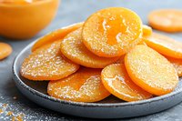 Candied orange slices glazed with sugar on dark plate, close up view. Sweet citrus fruit dessert garnished with powdered sugar for confectionery and baking.