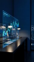 Futuristic holographic financial trading interface displaying stock market charts and data analytics in modern office environment for business presentations.