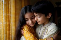 Young South Asian siblings sharing tender moment in traditional ethnic wear against yellow curtain background, intimate family portrait showing love and connection.