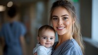Young Caucasian mother with blonde hair holding smiling baby in grey casual clothing against blurred background, genuine emotional connection and tender moment between parent and child.
