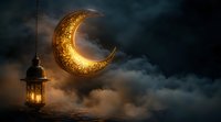 Glowing golden crescent moon and traditional oriental lantern against dramatic dark cloudy sky, creating mystical Ramadan atmosphere and spiritual ambiance.