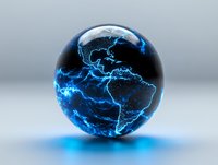 Glowing blue electric world map sphere on dark background with light effects and energy streams, showing South America continent with luminous borders.