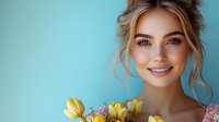 Young Caucasian woman with natural makeup and updo hairstyle holding yellow tulips, smiling against turquoise background. Soft beauty portrait with spring flowers.