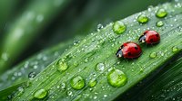 Two red ladybugs walking on wet green leaf covered with morning dew drops and water droplets in macro photography. Fresh natural background.