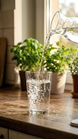 Water pouring from pitcher into glass with potted plants on wooden windowsill, hydration and wellness concept for health and lifestyle design projects.