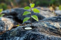 Young green plant growing from coin on rock, symbolizing financial growth, investment returns, and sustainable economic development.