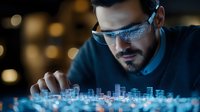 Young Hispanic man in glasses examining futuristic holographic city model with glowing buildings and digital interface in dark room with bokeh lights.