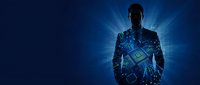 Businessman silhouette with glowing digital network connections and data streams representing artificial intelligence and future technology concepts.