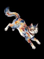 Watercolor leaping cat with ornate Asian-inspired patterns in blue, red, and gold, isolated on transparent background. Great for stickers, t-shirt design, and print on demand.