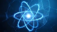 Glowing blue atomic structure with orbiting electrons on dark background. Science technology concept for education, research, physics and chemistry presentations.