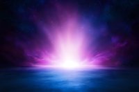 Mystical purple aurora borealis over calm ocean waters at night, with bright cosmic light burst and starry sky creating ethereal atmospheric phenomenon.