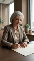 Professional senior businesswoman with gray hair writing documents at office desk wearing beige suit jacket in modern workplace setting.