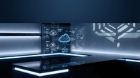 Futuristic holographic display showing cloud computing network icons floating above modern tablet device in sleek tech environment for digital innovation.