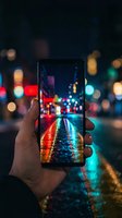Hand holding smartphone capturing colorful city street lights at night with bokeh effect and wet pavement reflections for social media content.