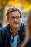 Mature Caucasian man with gray hair and glasses wearing casual autumn attire smiles confidently outdoors against blurred fall background. Professional headshot style portrait.