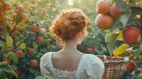 Young woman with curly red hair picking fresh apples in sunny orchard with wicker basket during autumn harvest season.