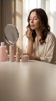 Young woman applying lipstick while looking in mirror at vanity table with cosmetics in soft natural light for beauty and skincare routine.