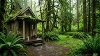 Rustic wooden cabin nestled in dense evergreen forest with lush ferns and moss-covered ground, ideal for nature retreat and wilderness lifestyle concepts.
