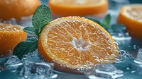 Fresh orange slice with green mint leaves on ice cubes, macro shot with water drops. Vibrant citrus fruit close-up for healthy lifestyle and refreshment concept.