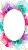 Watercolor oval frame with vibrant purple pink turquoise splashes and gold accents on white background for invitations greeting cards design.