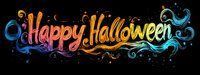 Colorful gradient Happy Halloween lettering with decorative swirls and sparkles on black background, festive holiday typography design for cards and banners.
