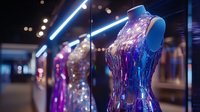 Mannequin wearing shimmering metallic dress with holographic effect in boutique window display, illuminated by neon blue lights creating futuristic fashion atmosphere.
