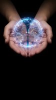 Hands holding glowing digital globe with circuit board patterns and network connections, representing global technology, innovation, and digital transformation for business concepts.