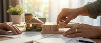Couple arranging wooden blocks with 2024 numbers near miniature house model on desk with blueprints and plant, representing new year real estate planning and home investment goals.